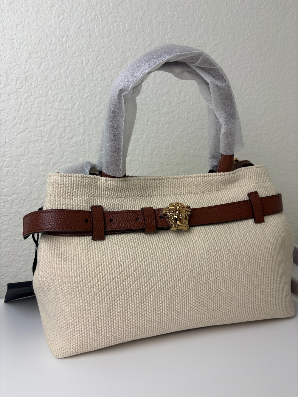 Versace Cream Tote with Brown Leather Strap and Gold Medusa Detail - Picture 4 of 9